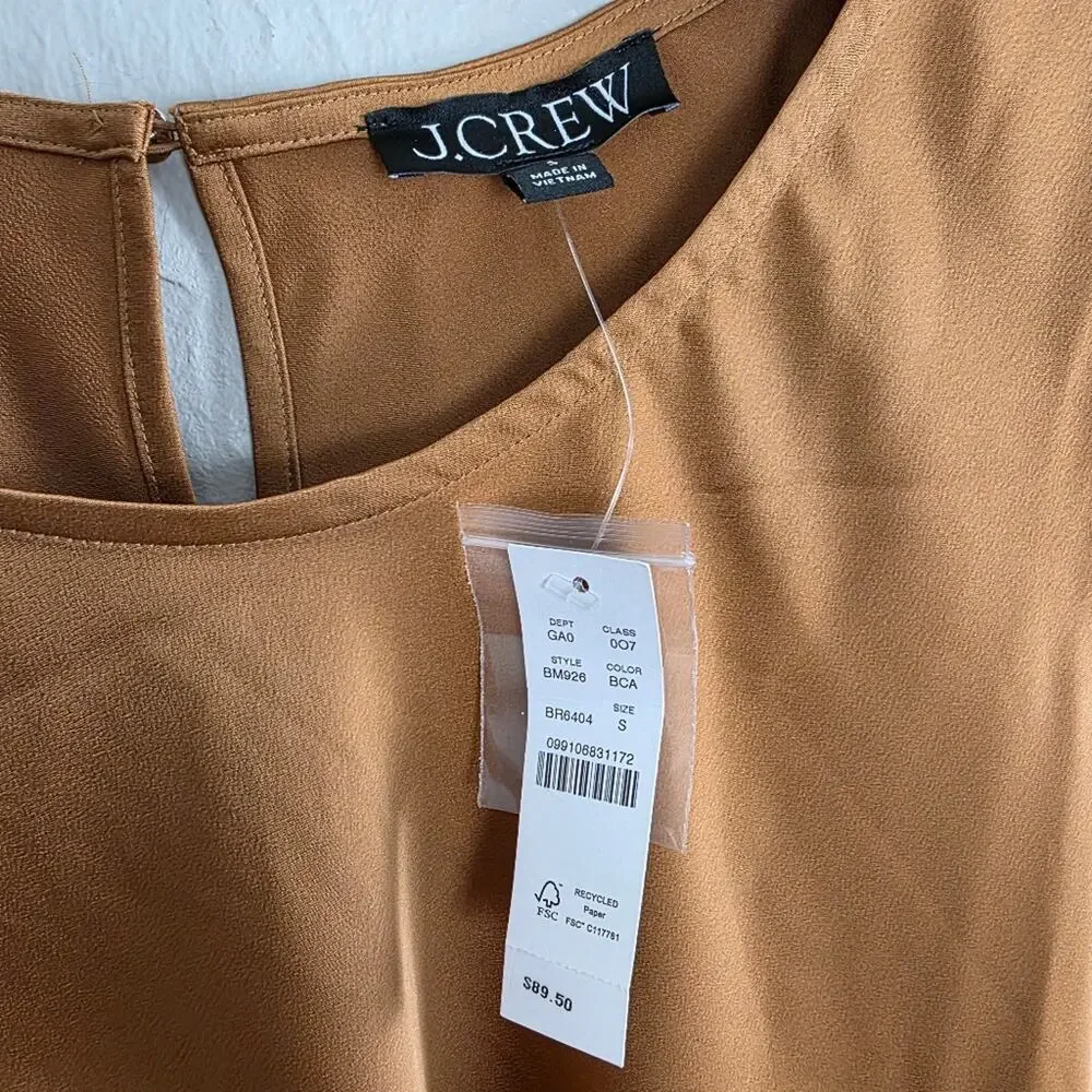 J. Crew Winter Garden Golden Brown Bell Sleeve Ruffle Satin Blouse Top Small NWT